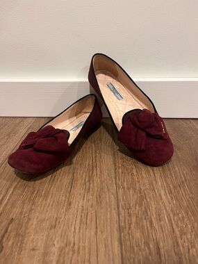 PRADA Red-burgundy-hued Suede Bow Flats/Smoking Slippers
